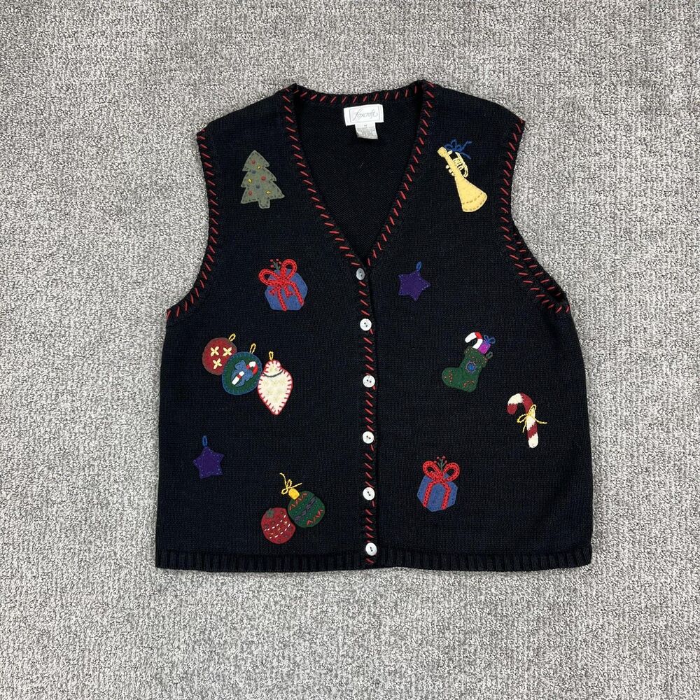 Vintage Foxcroft Sweater Vest Womens Medium Black Christmas Ugly Holiday 90s